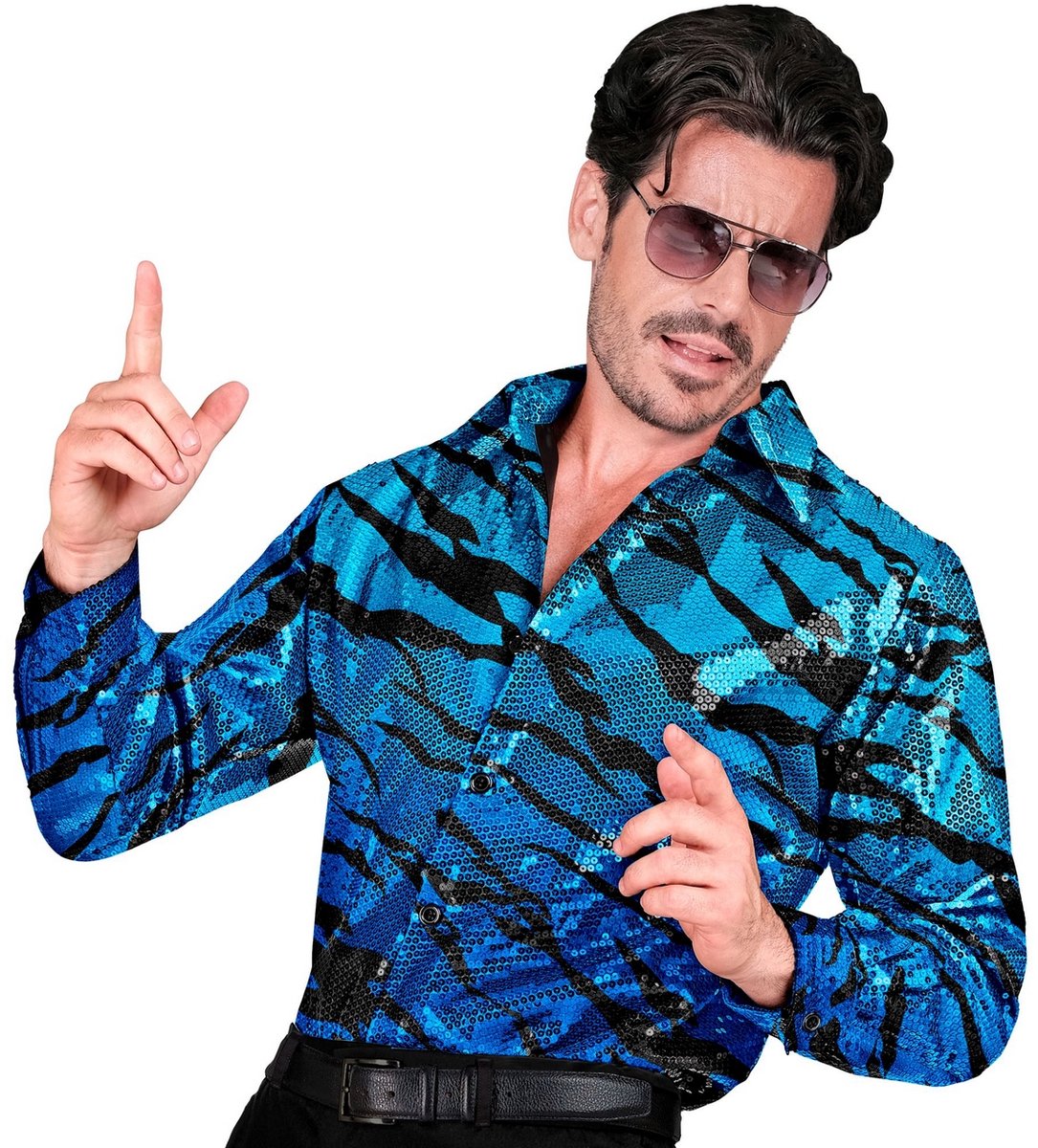 Widmann - Paillettten Overhemd Joe Exotic Tijgerkoning Man - Blauw - XXL - Carnavalskleding - Verkleedkleding