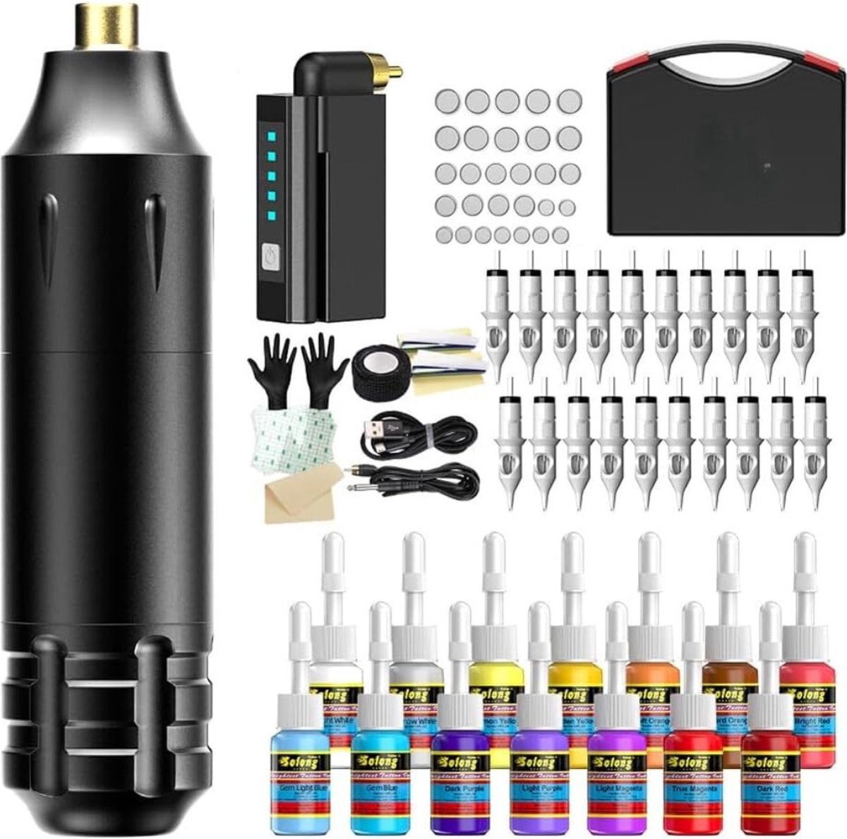 Thuys – Tattoo Machine – Complete Set – Tattoo Pen – 20 Stuks Cartridge 14 Inkten – 30 x 26 x 10cm – Zwart
