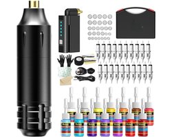 Thuys – Tattoo Machine – Complete Set – Tattoo Pen – 20 Stuks Cartridge 14 Inkten – 30 x 26 x 10cm – Zwart