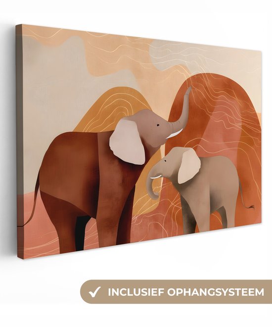 Canvas schilderij 120x80 cm - Exclusieve wanddecoratie Olifanten - Oranje - Abstract - Muurdecoratie woonkamer - Slaapkamer decoratie - Kamer accessoires - Schilderijen op canvas