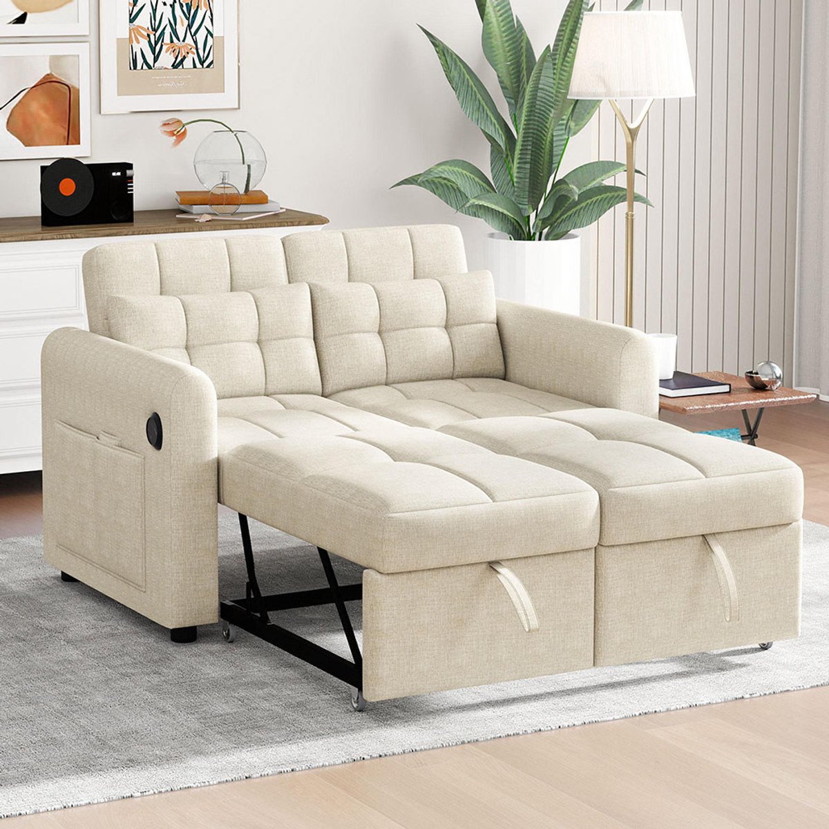 Pugsdrly Modern design: loveseat, 3-in-1 slaapbank met verstelbare rugleuning, USB, armsteunvakken en kussens. Geschikt voor de woonkamer, slaapkamer, appartement, enz.