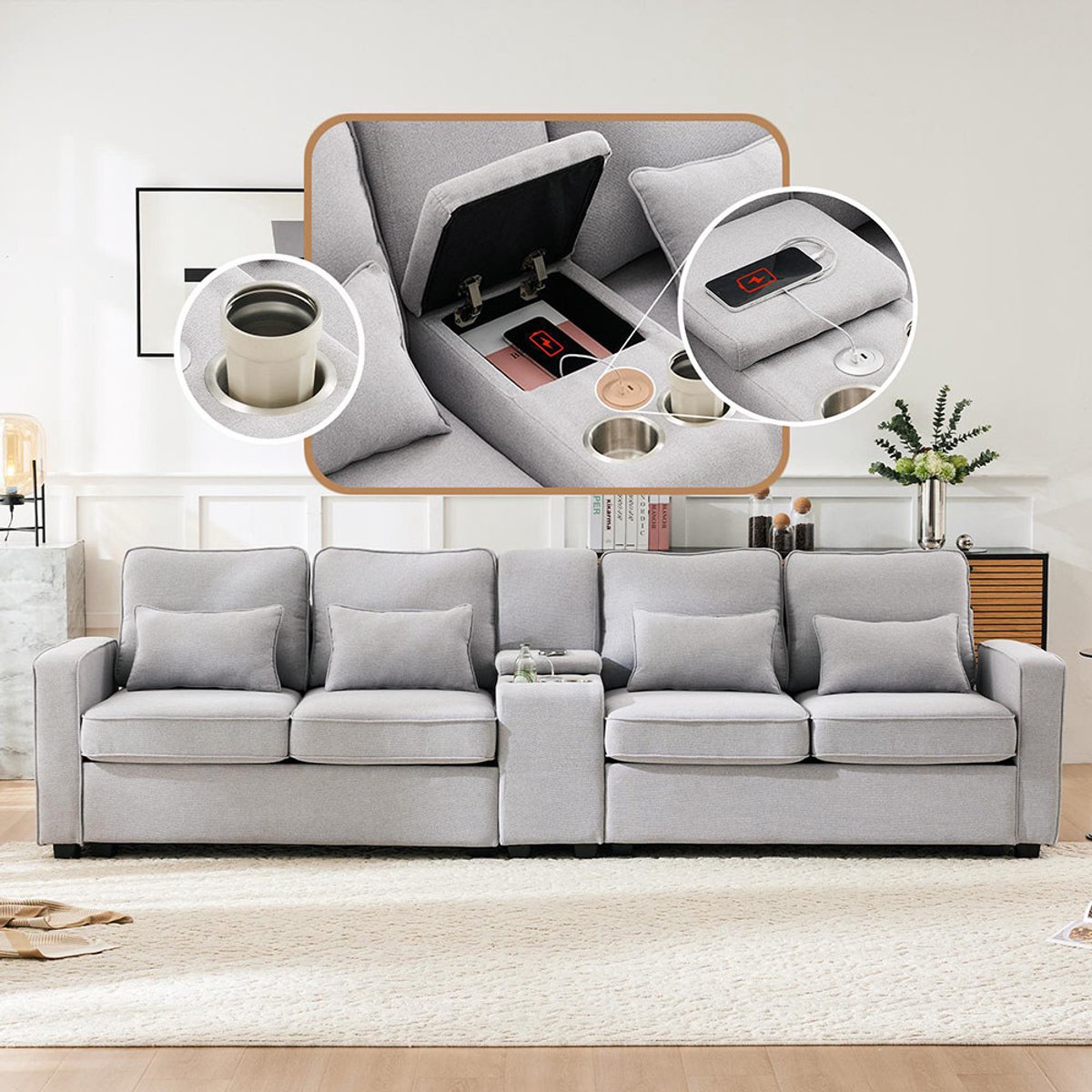 Pugsdrly Moderne 4-zitsbank in linnen met console, 2 bekerhouders, 2 USB-poorten om op te laden met een kabel, met armsteunvakken en 4 kussens, eenvoudige bank voor woonkamer, appartement, kantoor.