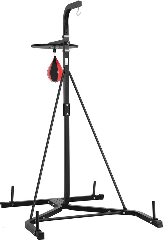 Zwarte boksbalstandaard met rode/zwarte speedbag, op een witte achtergrond.