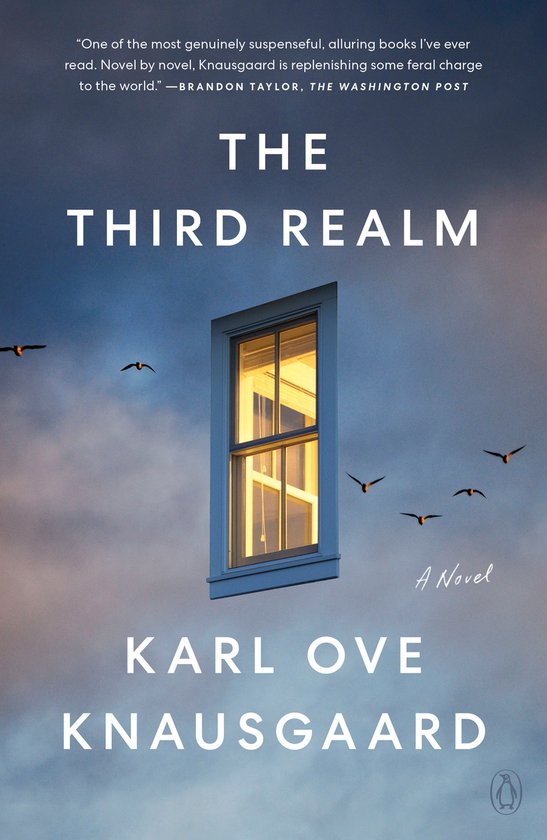 Boek 'The Third Realm' van Karl Ove Knausgaard. Titel met letters, omslag met een raam en vogels.