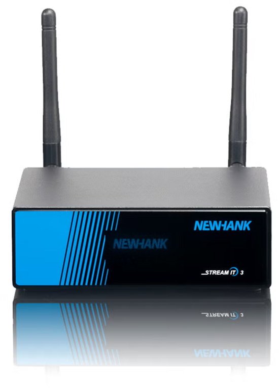 Zwarte NewHank Stream IT 3 met blauw gestreept design vooraan, merknaam en "STREAM IT 3".