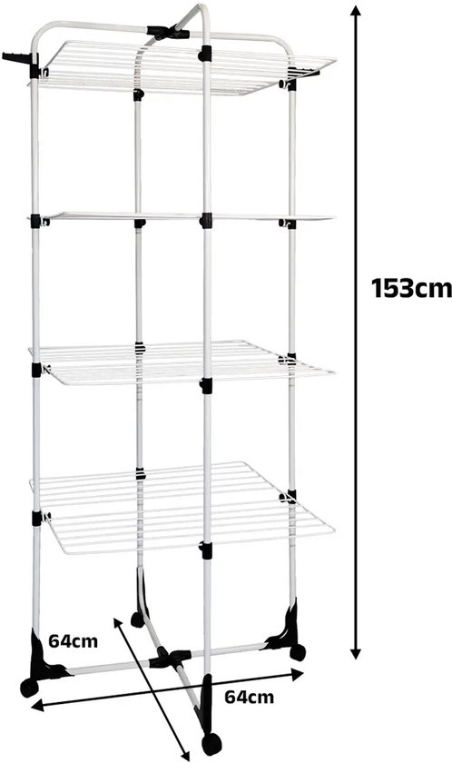 Wit inklapbaar droogrek met afmetingen 153cm x 64cm x 64cm, met wieltjes.