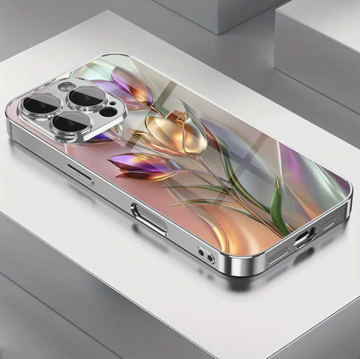 Iphone 16 pro hoesje - telefoon - hoesje met bloemen- cadeau -Een prachtig levendig kunstmatig 3D-tulpenpatroon elektroplaat glazen telefoonhoes - Apple