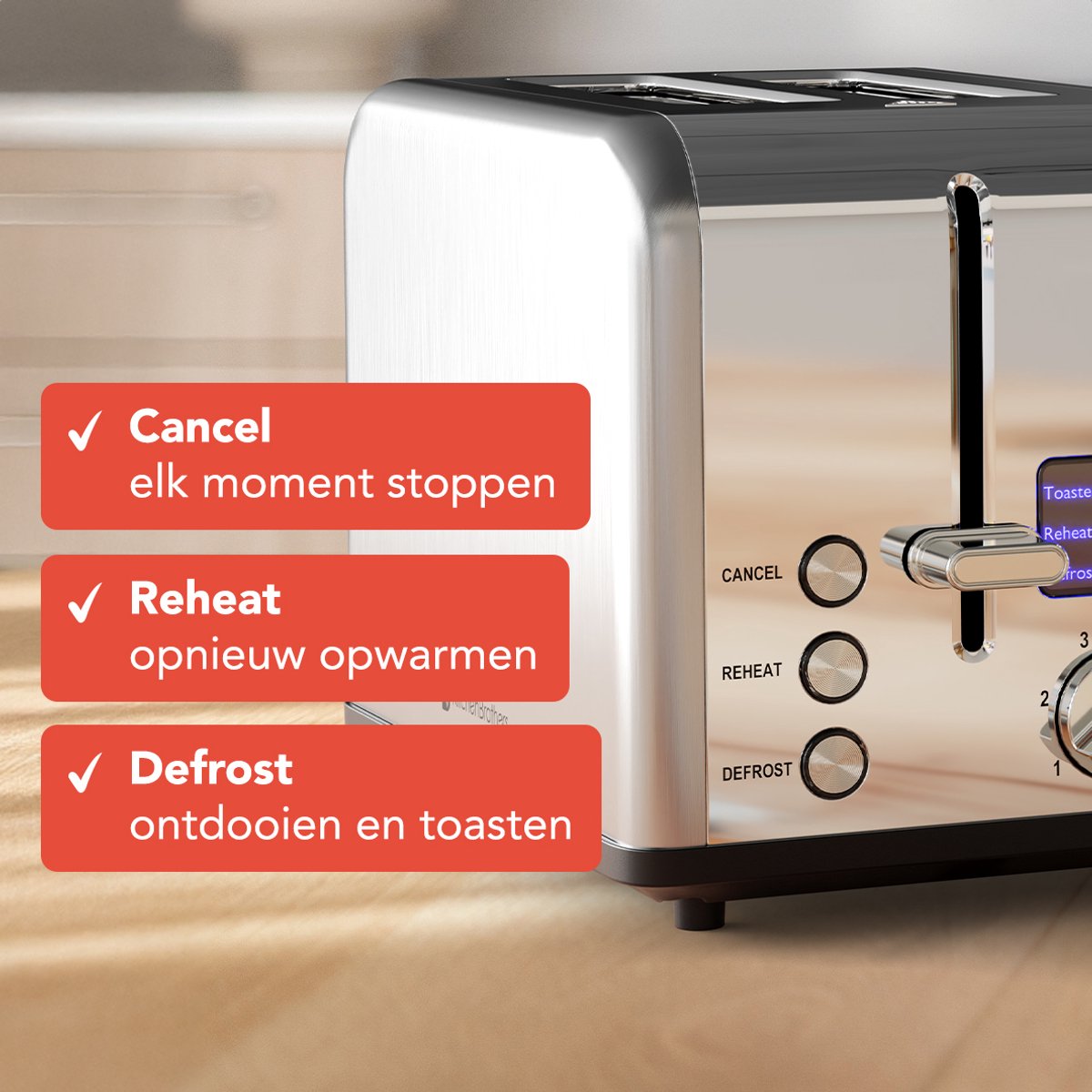 KitchenBrothers Broodrooster - Toaster - 6 Warmteniveaus - 2 Extra Brede Sleuven - BPA-vrij - 815W - RVS/Zilver thumbnail 5