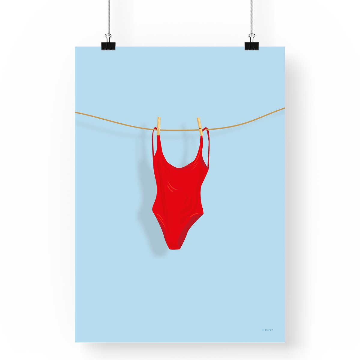 Artprint Badpak - Zwemmer illustratie in A4 formaat - Poster met zwemkleding aan een waslijn
