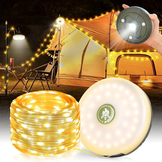Camping Lichtsnoer 10 Meter - Ambience Strip - IPX4 Waterdicht - Oprolbaar - Oplaadbaar - Warm-Wit | Verlichting Buiten Slinger - Camp Lamp - Camplamp - Kampeerlamp - Lampjes - Lampenslinger - Tentlamp - Campinglamp Oplaadbaar Met USB C - Voor Buiten