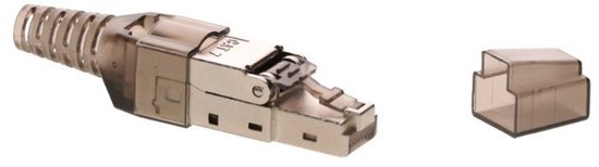 Connecteur RJ45 gris avec boîtier métallique et capot transparent, séparés.