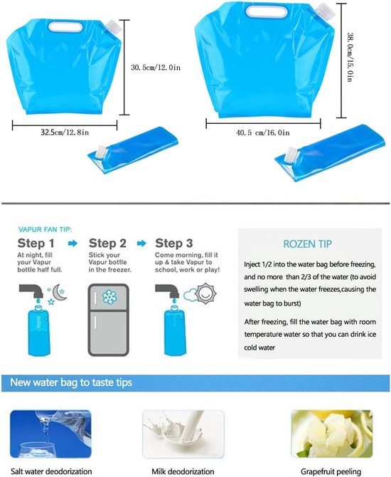 waterzak - Opvouwbare waterzak - Set van 4 opvouwbare watertanks - Flexibele emmer van 2x 5L en 2x 10L - Draagbare nooddrinkwaterzak met afsluitbaar deksel - Noodwatertank - Noodpakket voor thuis van Merkloos — afbeelding 2