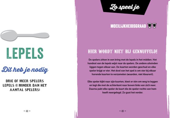 Een lepel met de tekst 'LEPELS' eronder, met de Nederlandse tekst 'Dit heb je nodig' en 'Drie of meer spelers'.