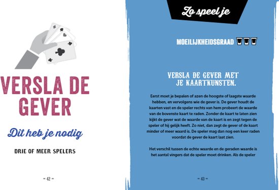 Een hand met speelkaarten, met de tekst 'VERSLA DE GEVER' en 'Dit heb je nodig', 'Drie of meer spelers'.