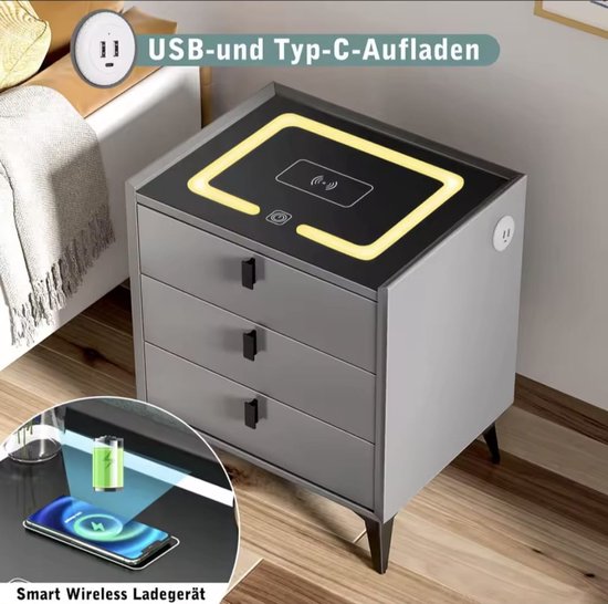 2 Tables De Chevet Avec Chargeur Sans Fil Et LED | 3 Tiroirs, Plateau Verre Trempé Noir, Pour Chambre, Salon