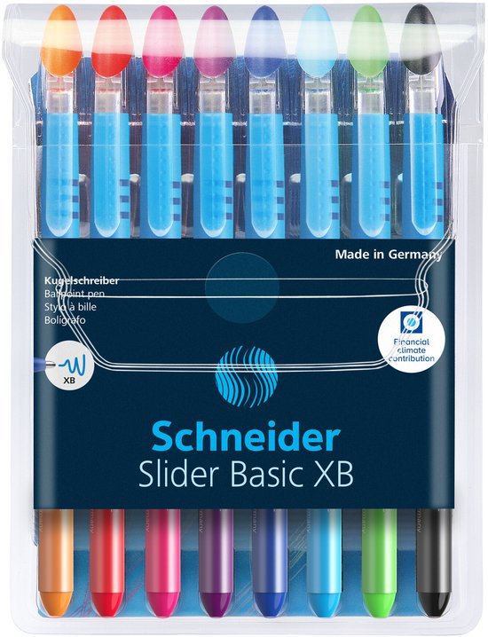 Twaalf Schneider Slider Basic XB pennen in verschillende kleuren, verpakt in een doorzichtige kunststof verpakking.