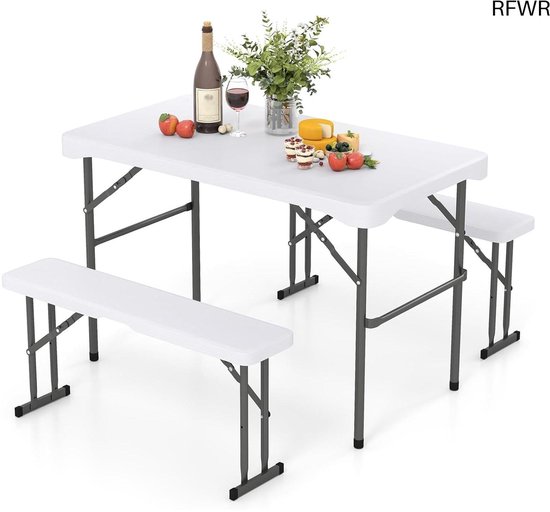 COSTWAY 3-delige Inklapbare Picknicktafel Met Banken – 178 Cm, Houten Tafel Met Stevig Stalen Frame, Voor Tuin En Terras 2 miniatura