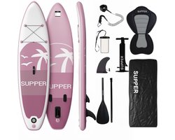 Supper Sup Board XL - Max. 220KG - Opblaasbaar – Paddle Board – Waterdicht Telefoonhoesje – Zitje - Pomp – Vin – Leash – Draagtas – 335 x 81 cm - Roze