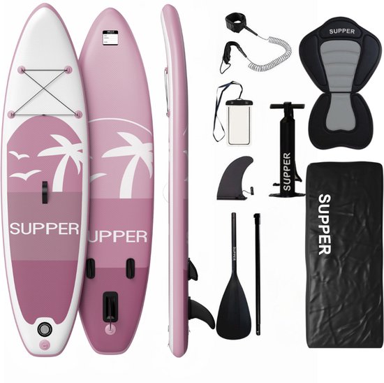 Supper Sup Board XL - Max. 220KG - Opblaasbaar – Paddle Board – Waterdicht Telefoonhoesje – Zitje - Pomp – Vin – Leash – Draagtas – 335 x 81 cm - Roze