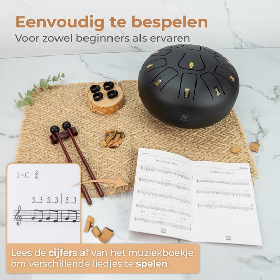 Nuvance Handpan - Incl. Lesboek, Vingerdrums en Opbergtas - Tongue Drum - Handpan Drum - Steel Tongue Drum - Zwart van Merkloos — afbeelding 3