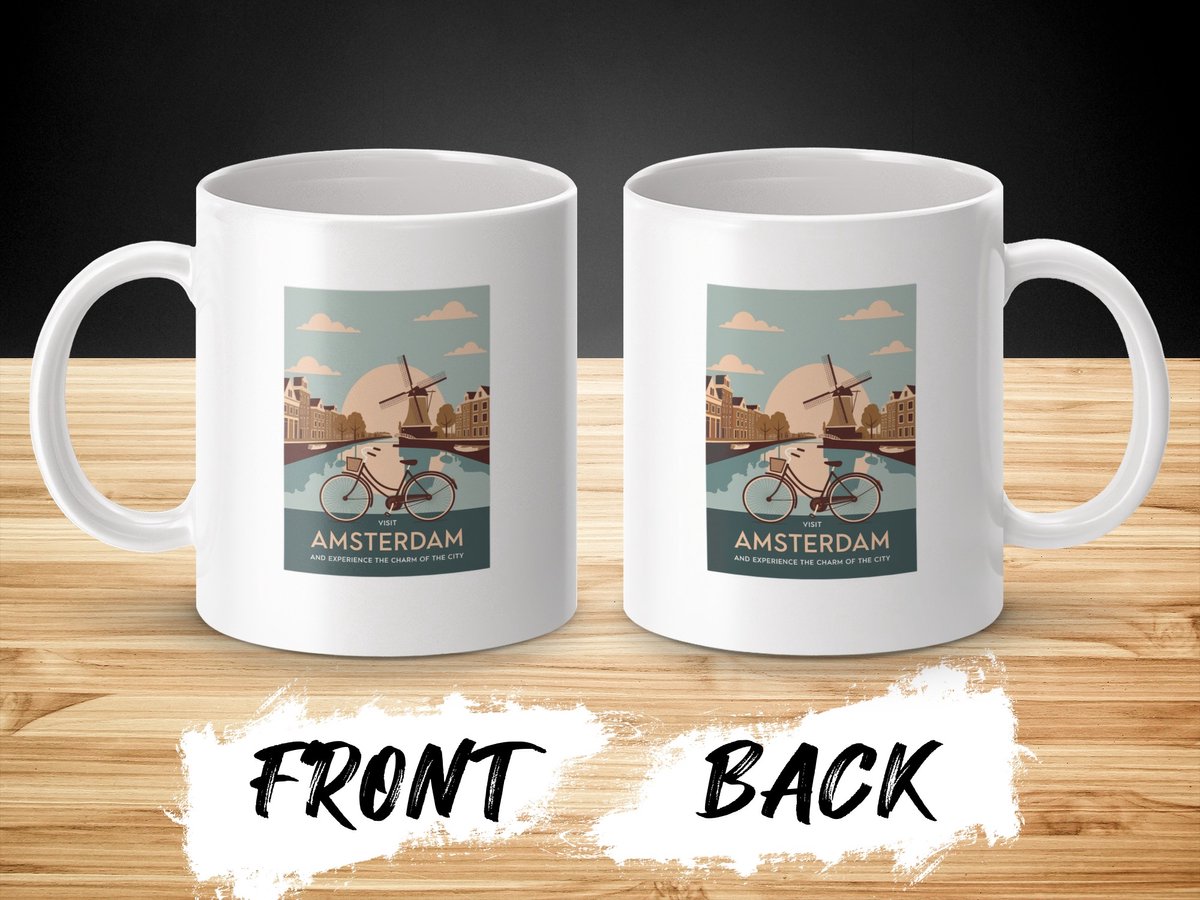Amsterdam Molen Fiets Mok, Retro Reismok, Nederland Souvenir, Stadsgezicht Koffie Mok, Unieke Geschenkideeën, Reis Liefhebber Mok