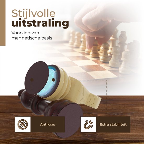 Bruine en crème schaakstukken, deels uit elkaar om magnetische basis te tonen. "Stijlvolle uitstraling", "Antikras", "Extra stabiliteit".