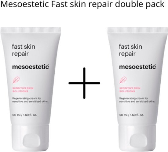 Mesoestetic Fast Skin Repair dubbelpak: twee tubes witte crème met tekst.