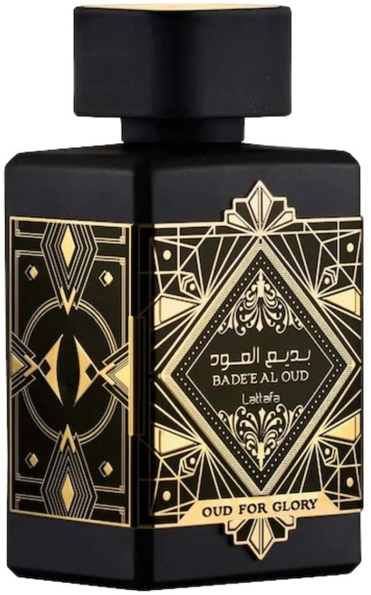 Zwarte Lattafa "Oud For Glory" "Badee Al Oud" Eau de Parfum fles met gouden geometrisch design.