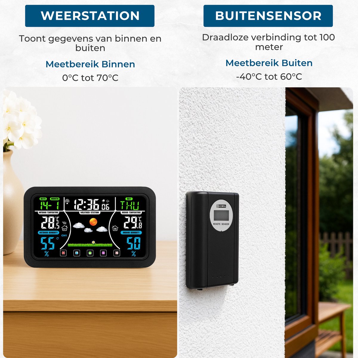 Vexloria draadloos weerstation met buitensensor, digitale DCF-radioklok