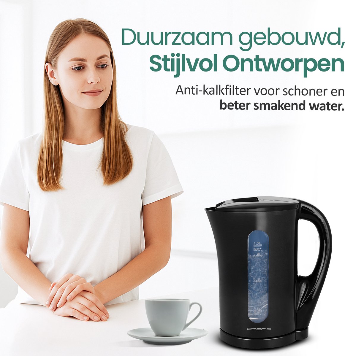 Emerio Waterkoker 1.7 Liter - Oververhittingsbeveiliging - Automatische Uitschakeling - Water niveau indicator - Elektrische Waterkoker 2200W - WK-123483 - Zwart — afbeelding 7