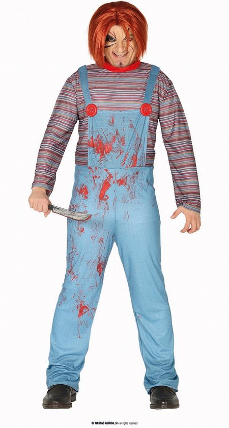 Geklede pop kostuum met gestreept shirt, blauwe tuinbroek met rode bloedspatten en mes in hand.