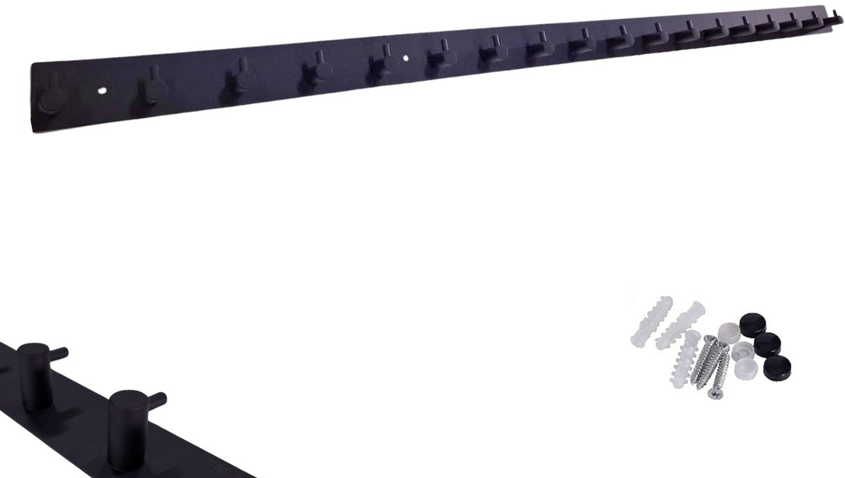 Hoexs - Kapstok Zwart RVS - 18 haaks - 103,5 cm - Grote Wandkapstok - Hangende Design Kapstokken - Muurkapstok - Handdoekrek