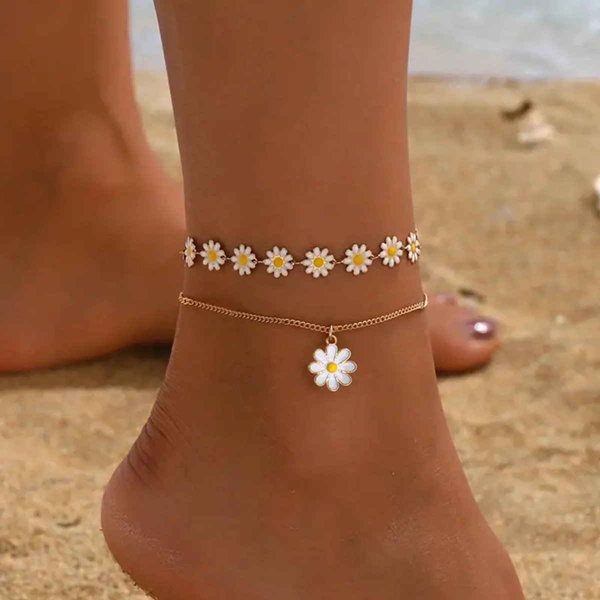 Majo - Enkelband Witte bloemen - Set van 2 - Schattig enkelbanje