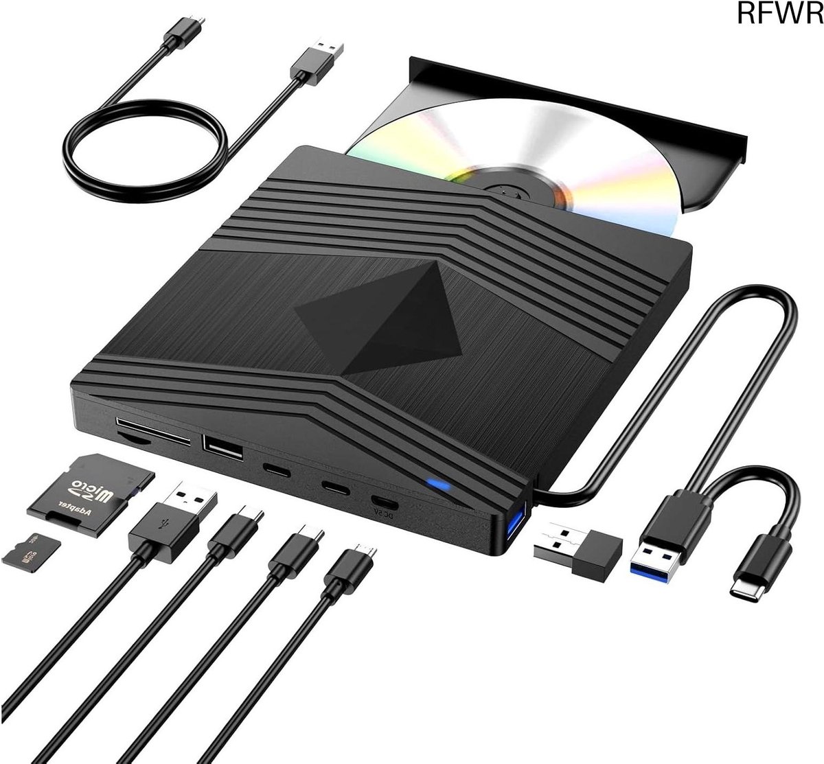 RFWR® Externe CD/DVD Drive voor Laptop met USB 3.0 en Type-C - Draagbare DVD Speler met Geïntegreerde SD/TF Slot