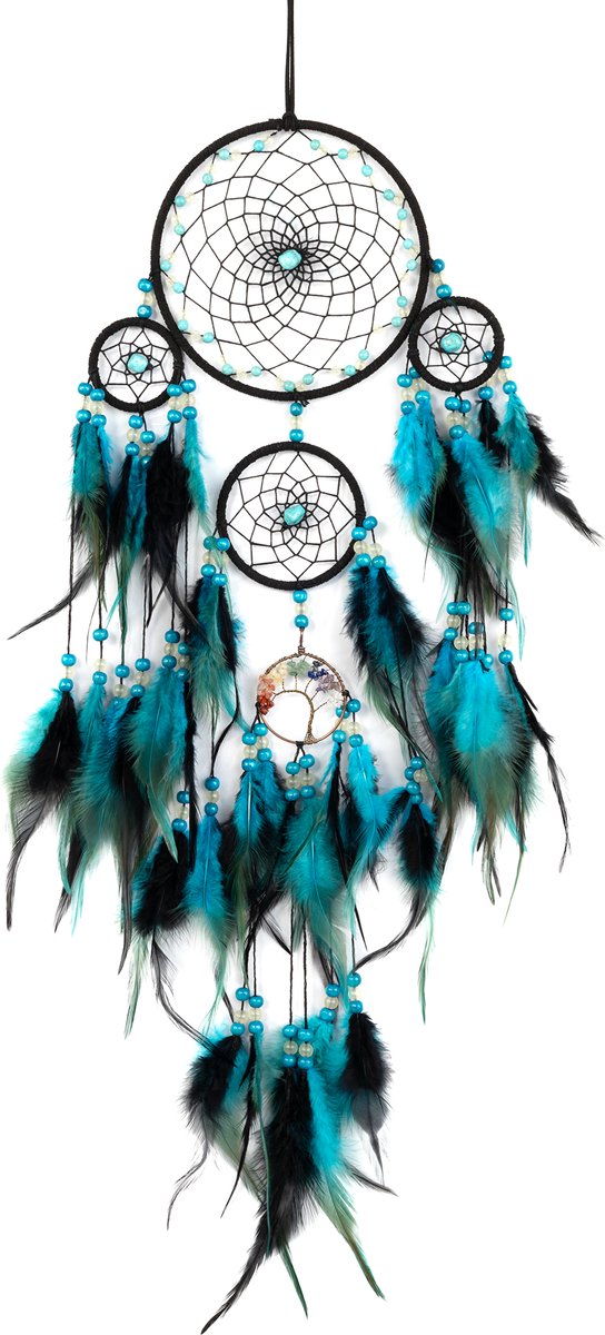 KIMU® Dromenvanger Blauw Zwart - Dreamcatcher Veren Macramé - Bohemian Ibiza Kinderen Boho Babykamer Buiten Kado Meisjeskamer Veertjes Festival
