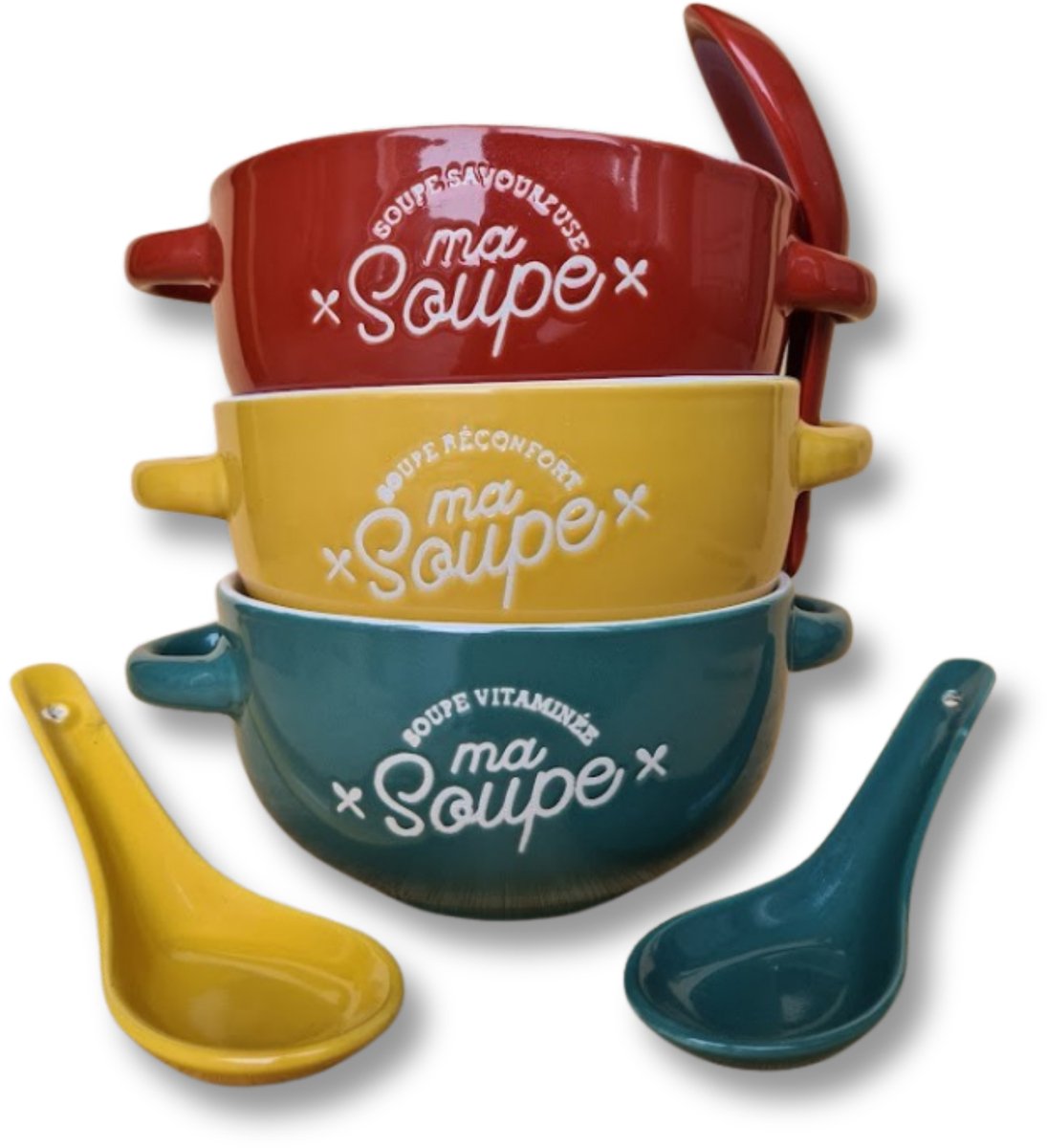 Soepkommen met oor en bijpassende lepel - Keramiek - 45cl - 3-voudig - Rood/Geel/Groen