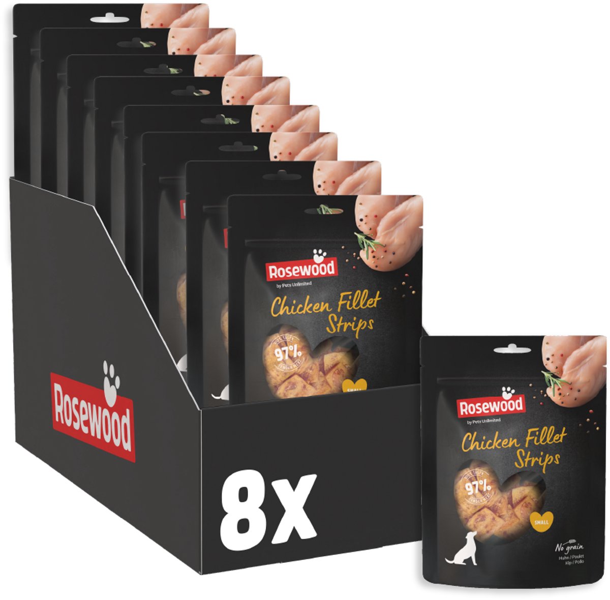 Rosewood Chicken Fillet Strips Small - Hondensnack voor Kleine Honden - 97% Kip - Eiwitrijk & Vetarm - Zonder Kunstmatige Toevoegingen - 8 zakjes à 150g