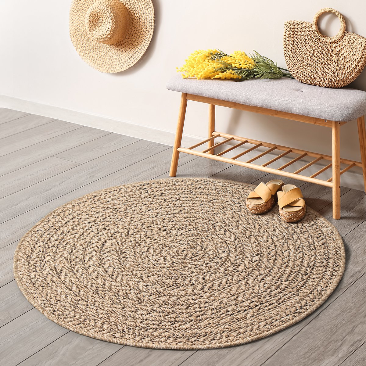 Mia’s Teppiche Soil – robuust in- & outdoor vloerkleed met natuurlijk cirkelpatroon, weatherproof & UV-bestendig, naturel cirkel 80 cm rond
