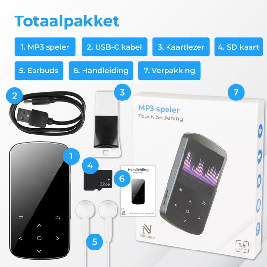 Totaalpakket met zwarte MP3-speler, USB-C kabel, kaartlezer, 32GB SD kaart, oordopjes, handleiding en verpakking.