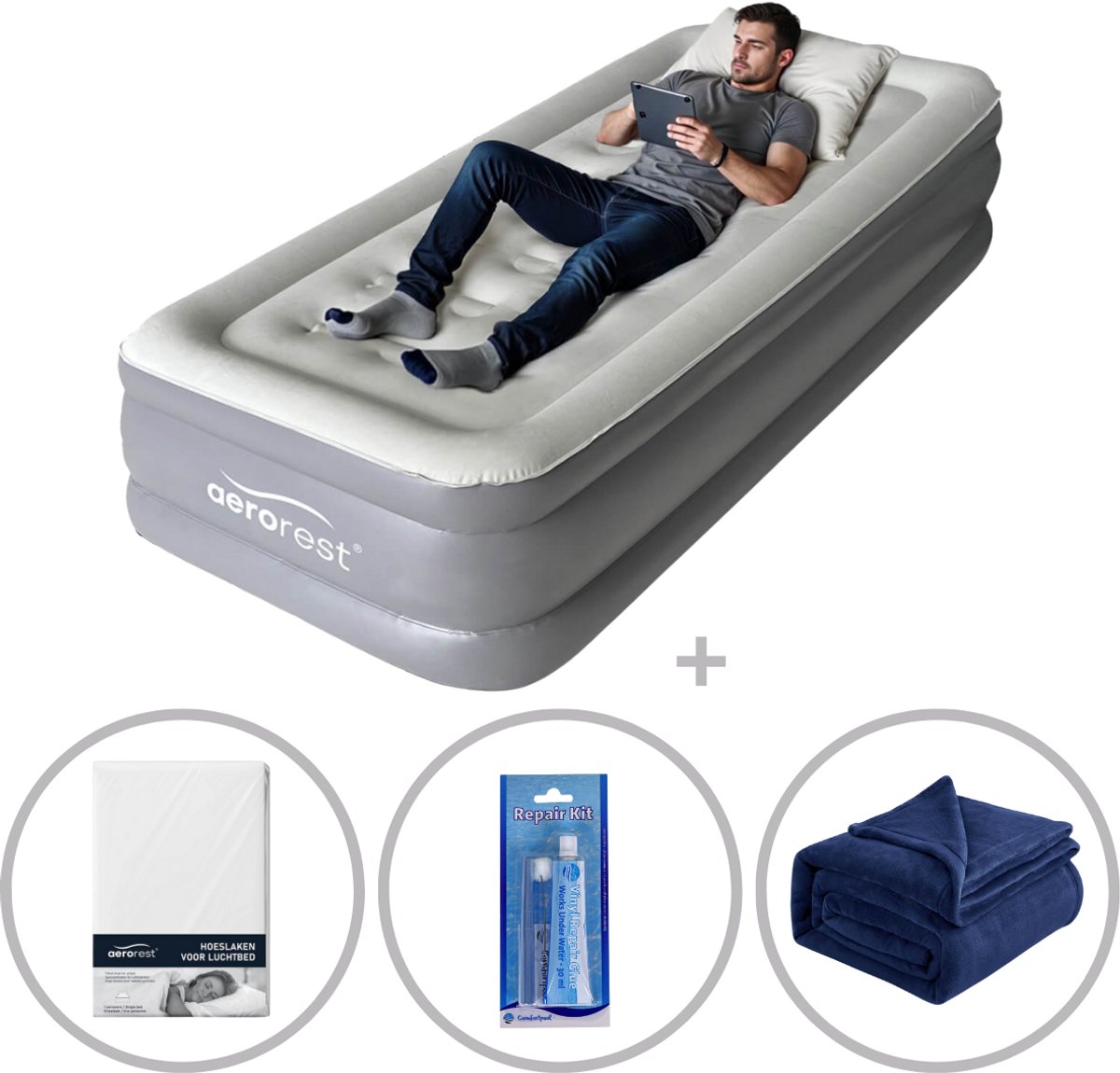 AeroRest Supreme Plush XL 1-persoons luchtbed | 210 x 99 x 46 cm | Inclusief bijpassend hoeslaken + reparatiekit + fleece deken | Extra lang 210 cm | Ideaal voor lange mensen
