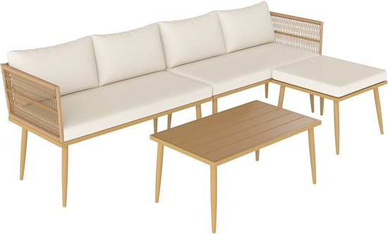 Outsunny-Rotan bankstel-Gevlochten hars-116x65x70cm-Natuurlijk hout