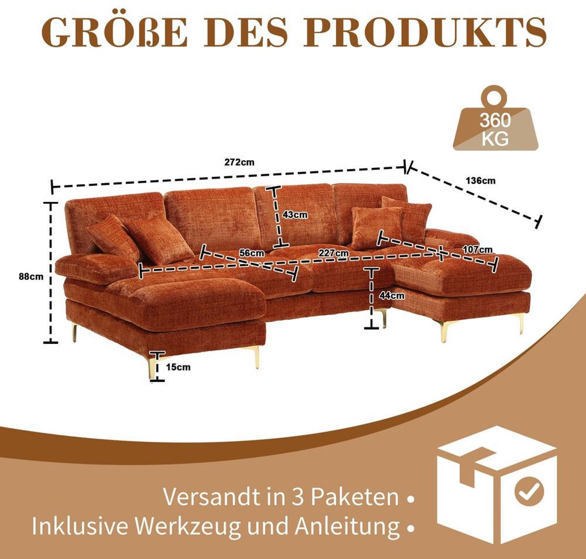 Moderne grote chenille U-vormige zitbank met dubbele verstelbare