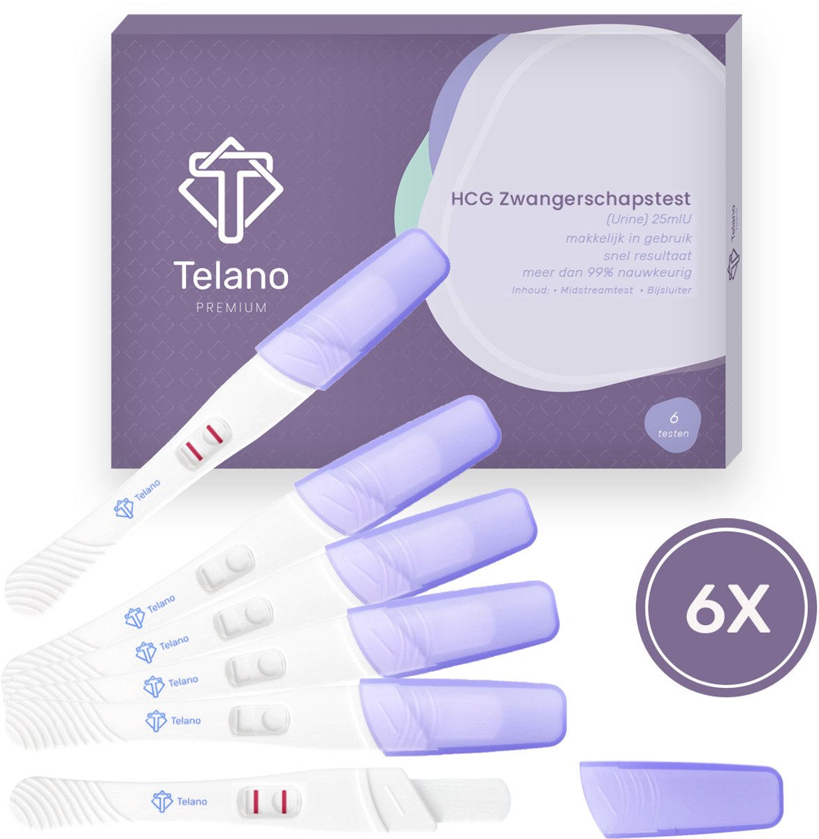 Telano Zwangerschapstest Premium 6 Stuks Midstream - Zwangerschapstesten Gevoelig - Brede Absorberende Strip