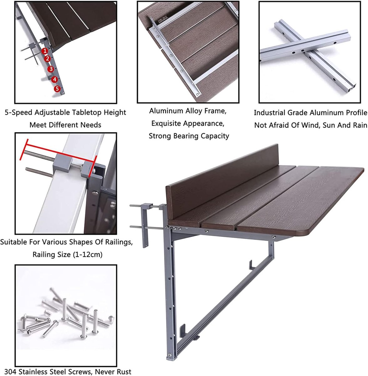 RFWR® Inklapbare Balkonhangtafel met Verstelbare Hoogte - Ruimtebesparend en Multifunctioneel