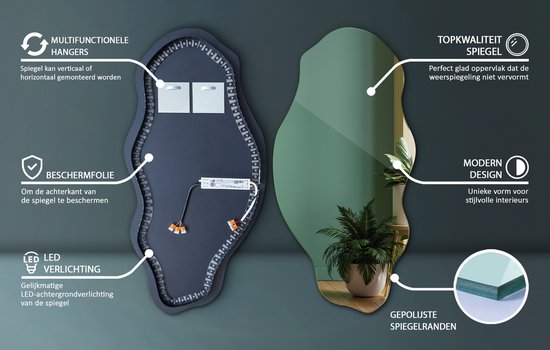 Miroir LED Tulup - Miroir LED de forme organique - 45 cm x 90 cm - Miroir organique avec Siècle des Lumières - Miroir de chambre - Wit froid 6500 K - Miroir organique avec Siècle des Lumières LED - Miroir mural industriel