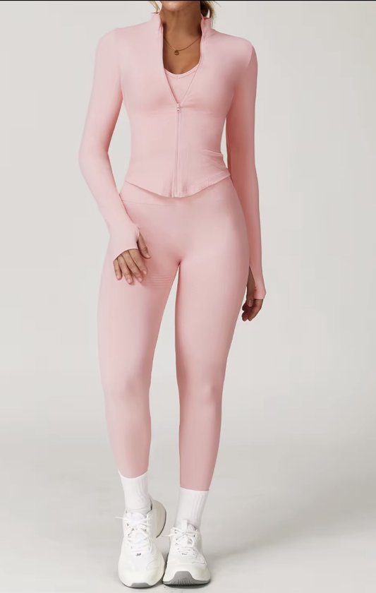 Set de sport Luna Muse - Taille S - Pink pâle - Ensemble 3 pièces : haut dos Halter , veste et legging taille haute - Rose - Ensemble de sport sans coutures pour femme