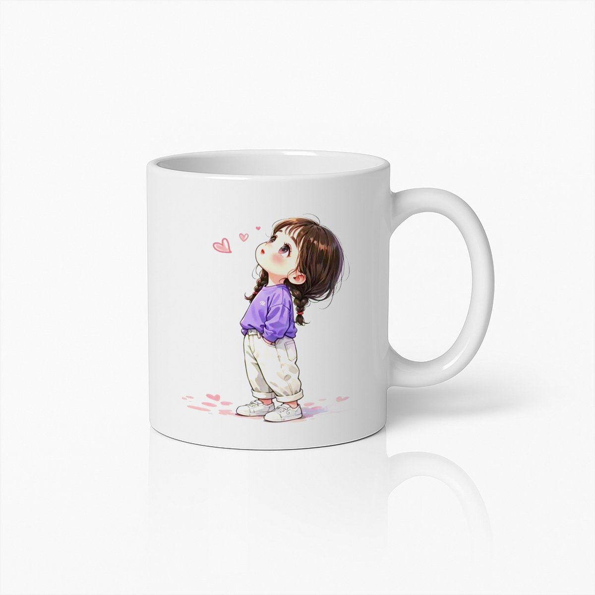 Schattige Cartoon Meisje Mok – Leuke Koffiemok met Hartjes Ontwerp
