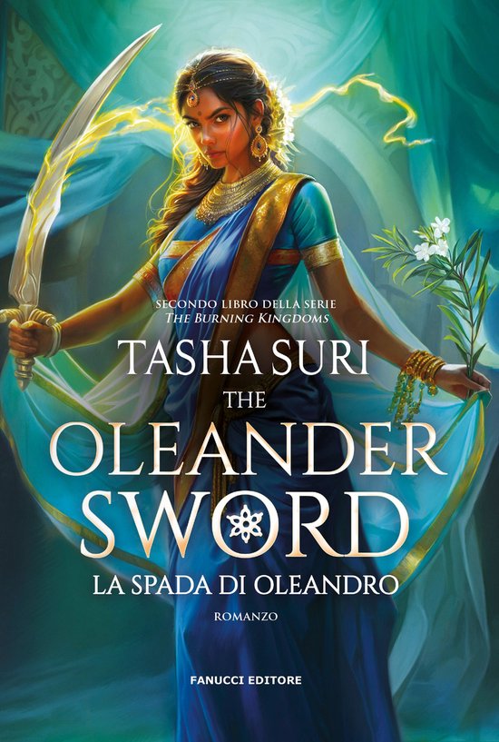Boekomslag van 'The Oleander Sword' met een vrouw in traditionele kleding, zwaard in de hand.