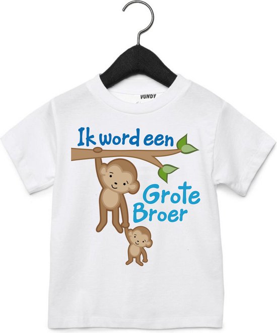 Wit T-shirt met opdruk 'Ik word een Grote Broer' met twee aapjes aan een tak.