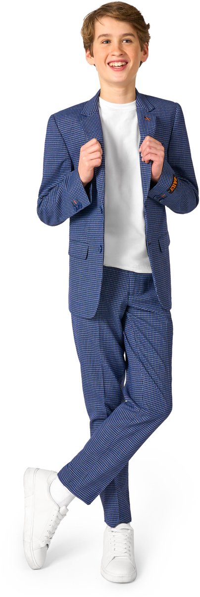 OppoSuits Daily Checked Navy Jongens Pak - Tiener Kostuum - Casual Jongens Pak - Blauw - Thema Feest - Maat EU146/152